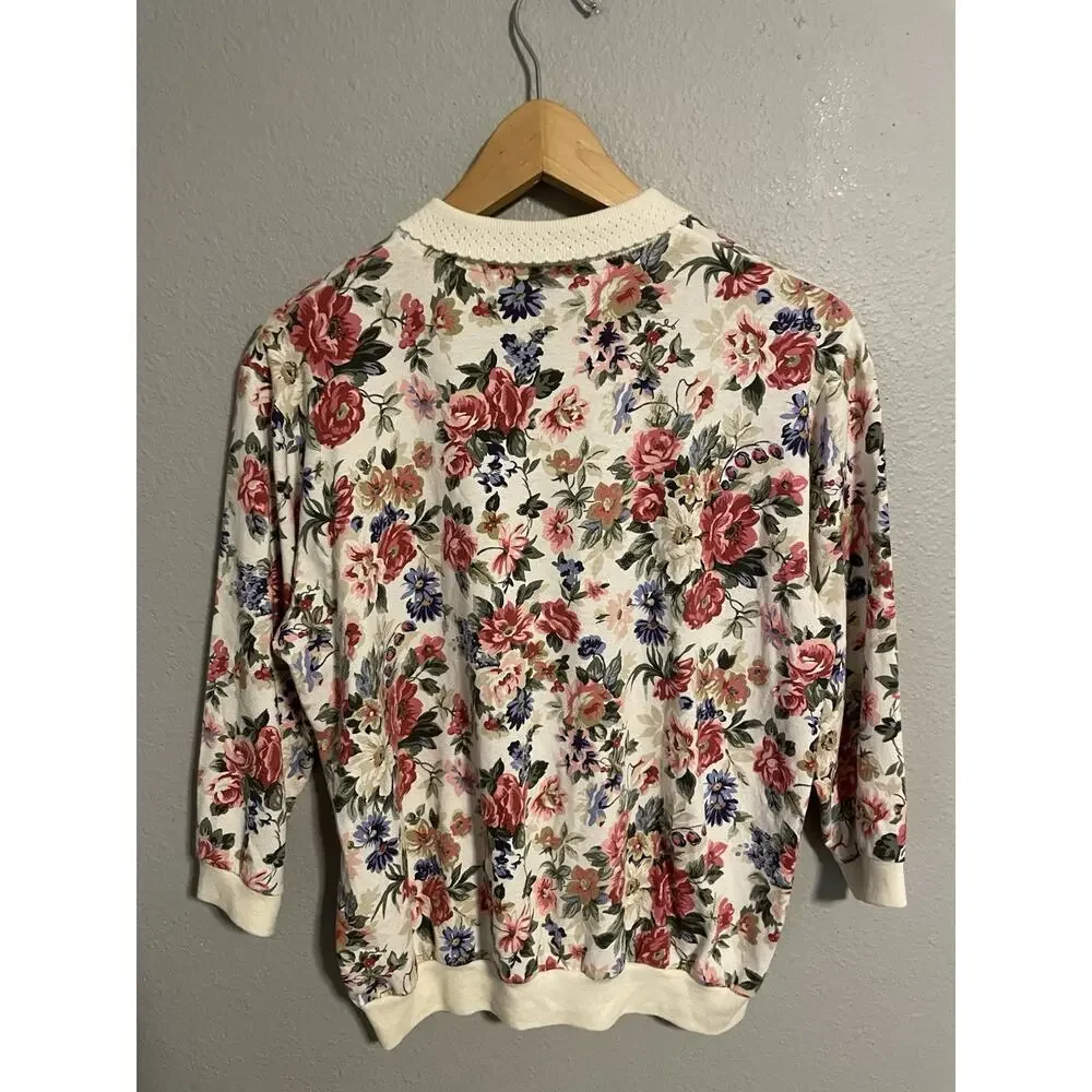 Vintage Women Top Size Large Floral Collared 3/4 Sleeve Romantic Cottagecore 90s - Picture 2 of 6